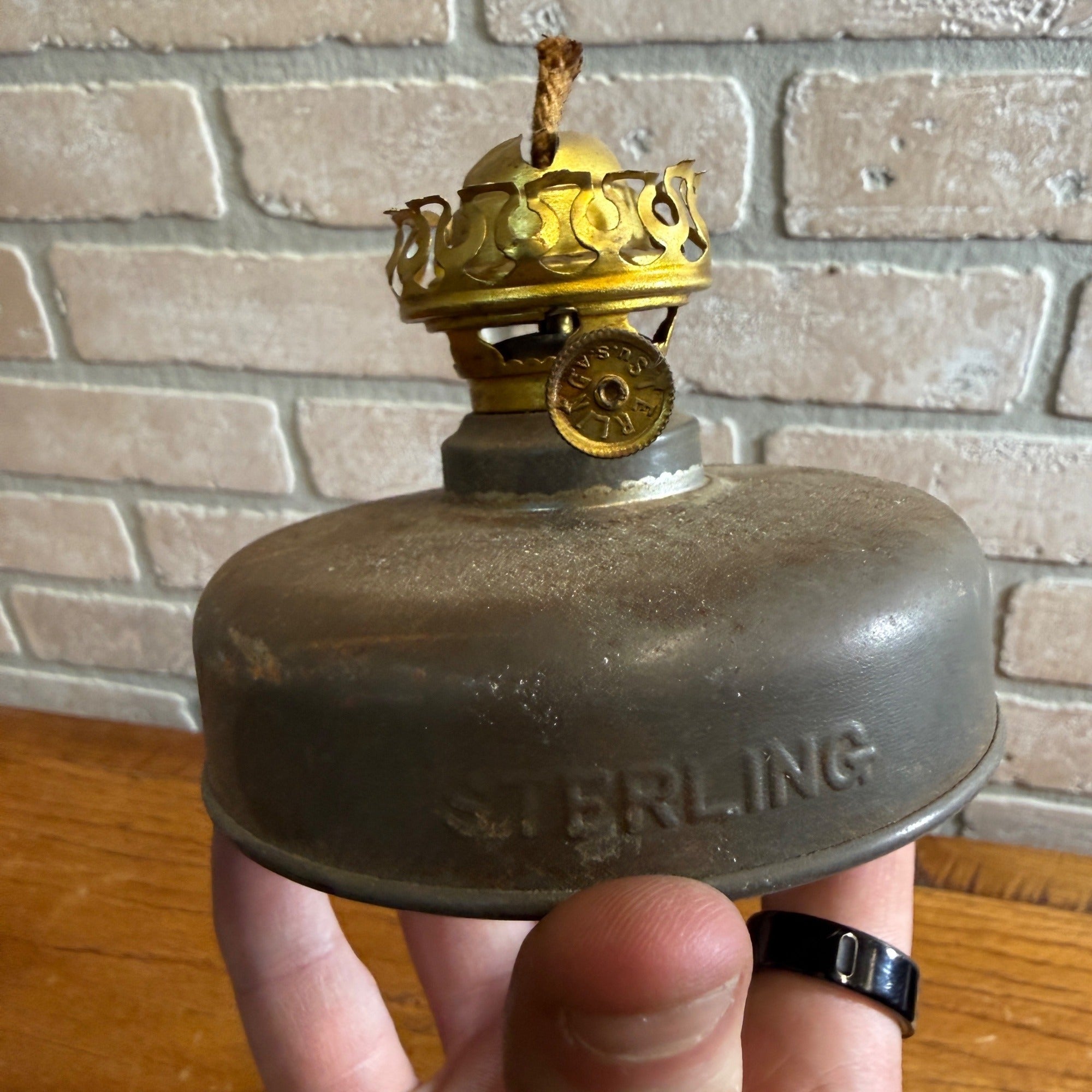 Vintage Miniature Oil Hurricane Lamp Metal Tin Font Sterling Brand USA