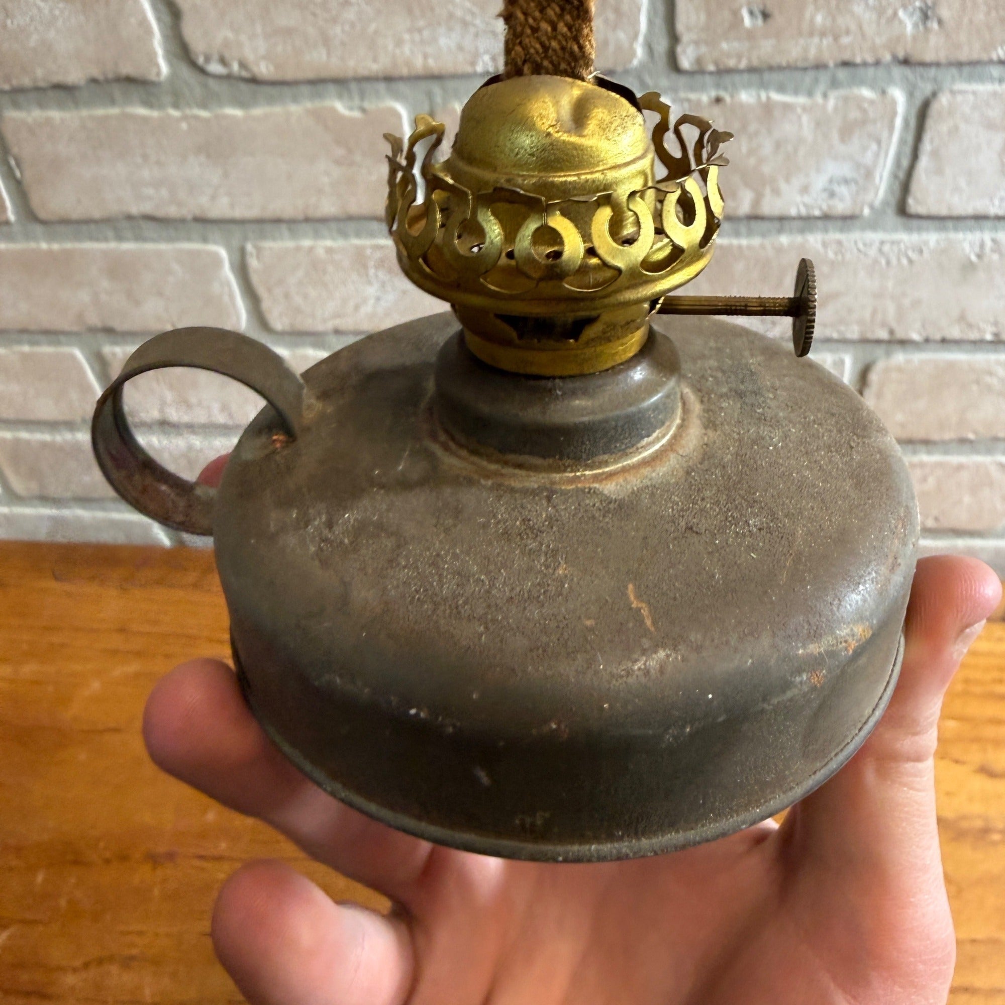 Vintage Miniature Oil Hurricane Lamp Metal Tin Font Sterling Brand USA