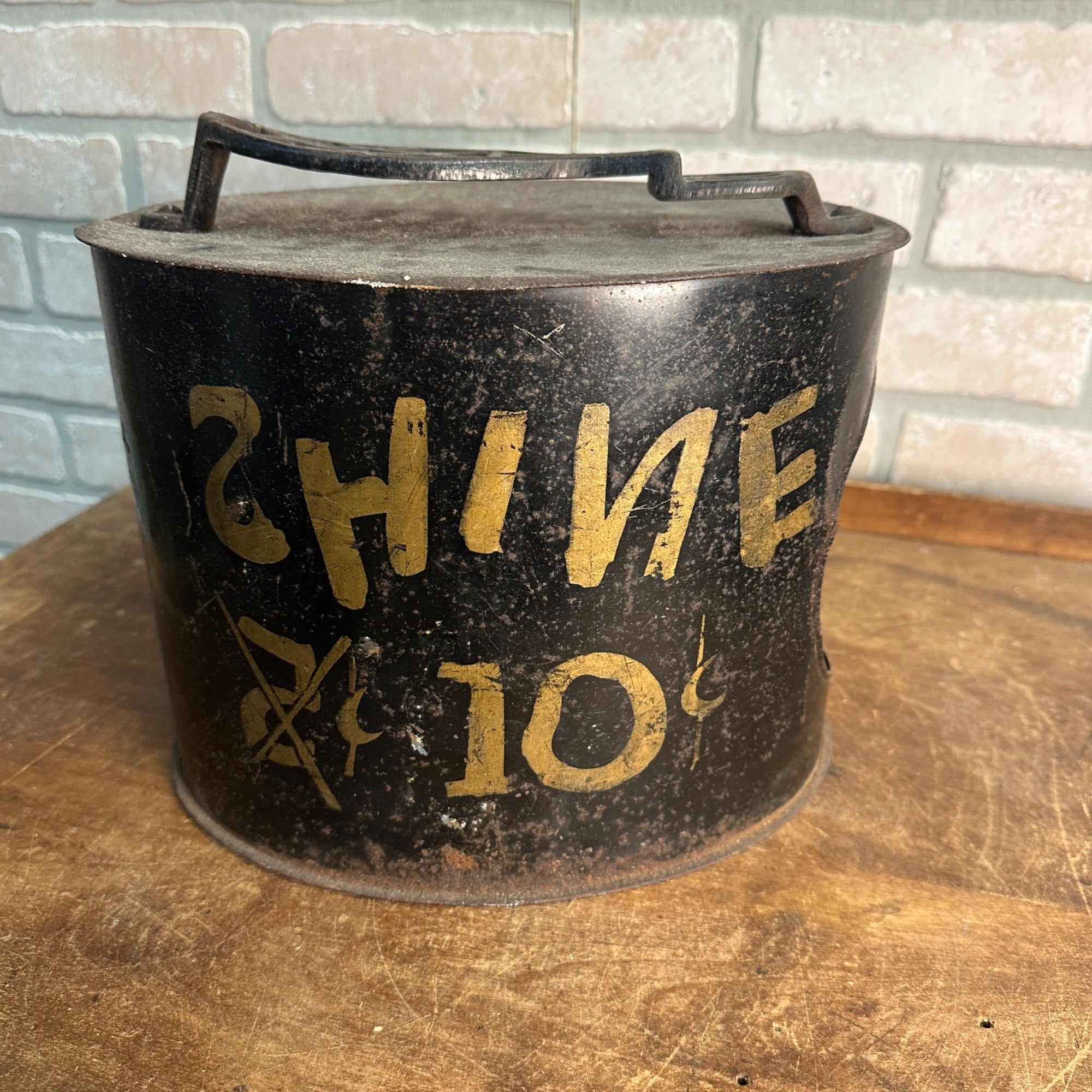 Antique Primitive Shoe Shining Stand Trade 10 Cents Tin Metal AAFA