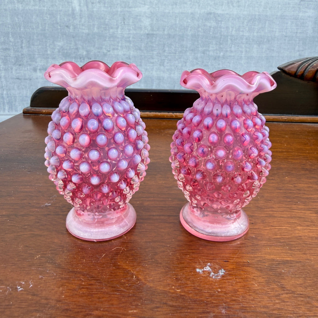 Vintage Fenton Cranberry Opalescent Miniature Hobnail Vase PAIR Small 3.5"