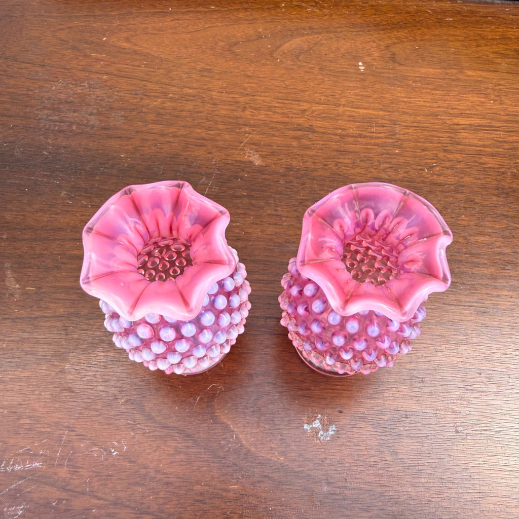 Vintage Fenton Cranberry Opalescent Miniature Hobnail Vase PAIR Small 3.5"