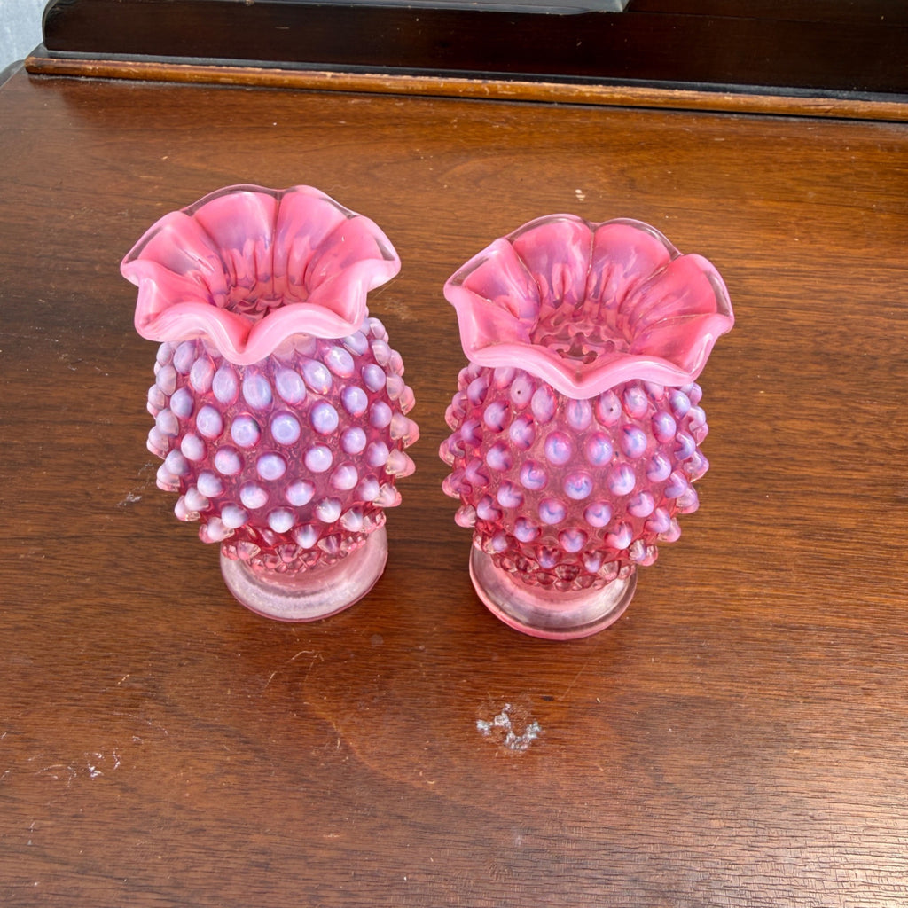 Vintage Fenton Cranberry Opalescent Miniature Hobnail Vase PAIR Small 3.5"