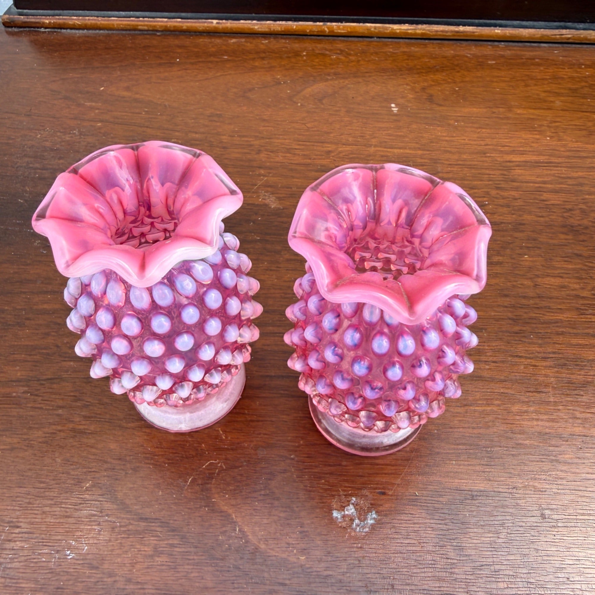 Vintage Fenton Cranberry Opalescent Miniature Hobnail Vase PAIR Small 3.5"