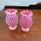 Vintage Fenton Cranberry Opalescent Miniature Hobnail Vase PAIR Small 3.5"