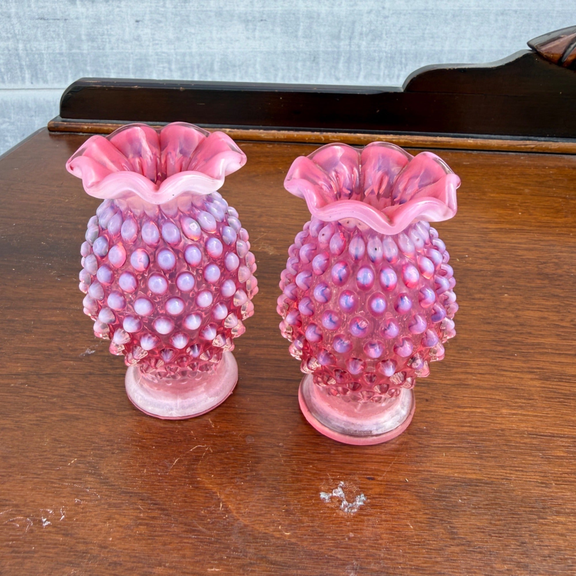 Vintage Fenton Cranberry Opalescent Miniature Hobnail Vase PAIR Small 3.5"