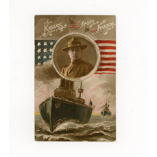 Vintage 1910s Color Postcard Kisses From France US Army Veteran War WW1 Navy Ship Furia 2070