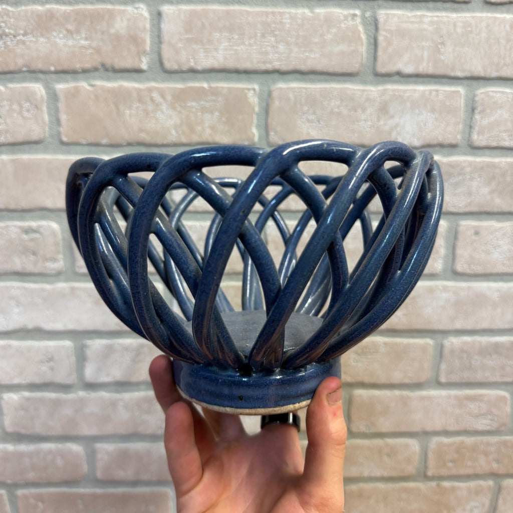 Handcrafted Pottery Lattice-Style Bowl Blue Kitchen Fruit Decorative Mid-Century Modern Style