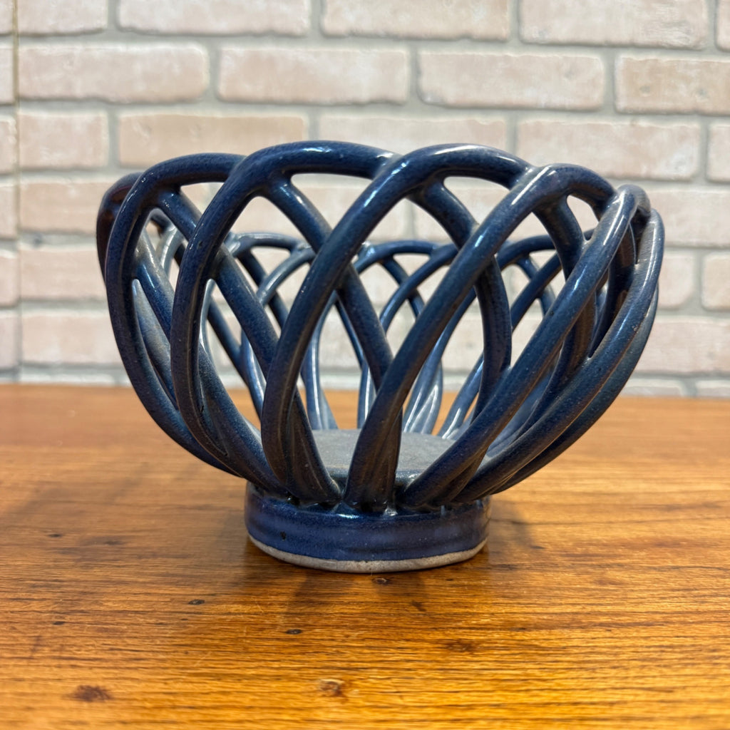 Handcrafted Pottery Lattice-Style Bowl Blue Kitchen Fruit Decorative Mid-Century Modern Style