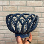 Handcrafted Pottery Lattice-Style Bowl Blue Kitchen Fruit Decorative Mid-Century Modern Style