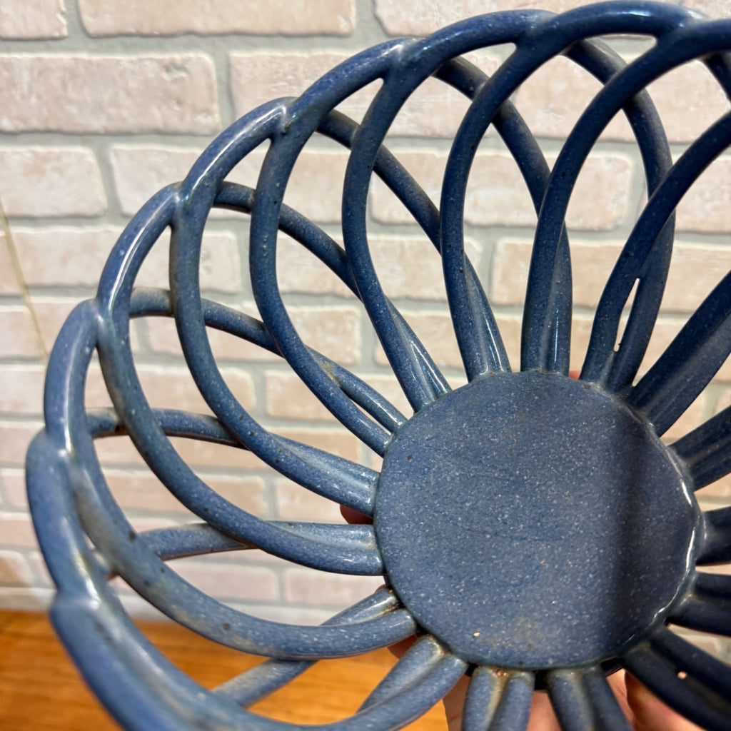 Handcrafted Pottery Lattice-Style Bowl Blue Kitchen Fruit Decorative Mid-Century Modern Style