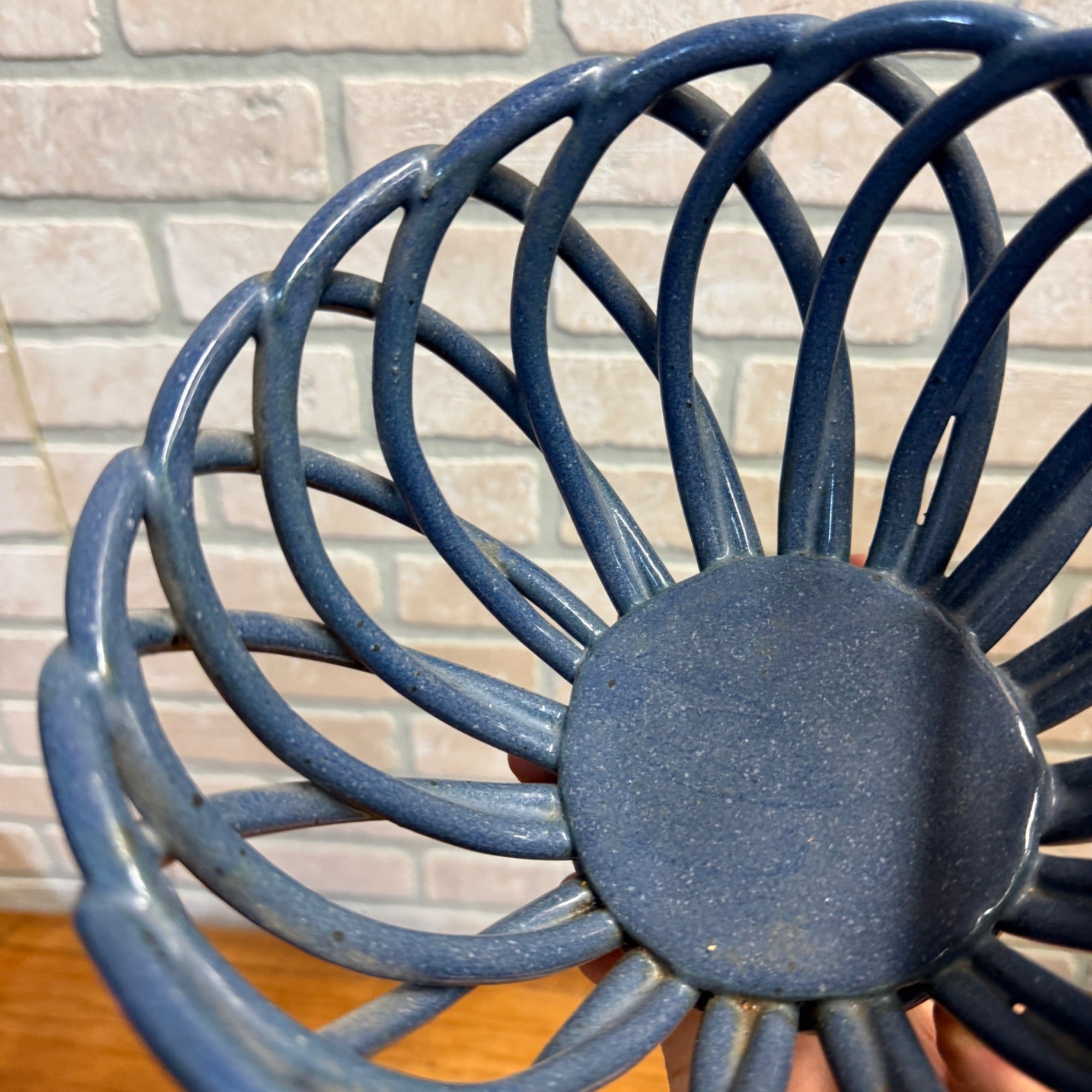 Handcrafted Pottery Lattice-Style Bowl Blue Kitchen Fruit Decorative Mid-Century Modern Style