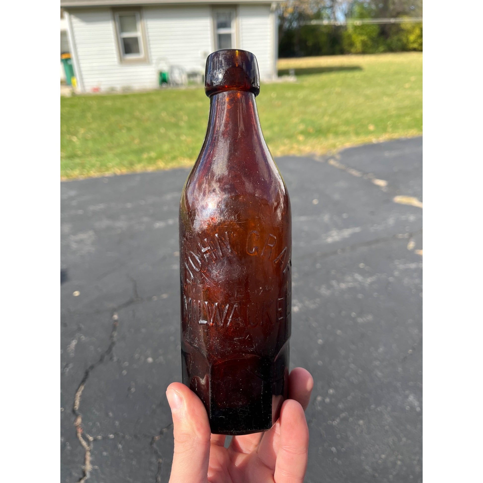 John Graf c1880s Milwaukee Wis Amber Brown Soda Bottle Blob Top Octagon Base