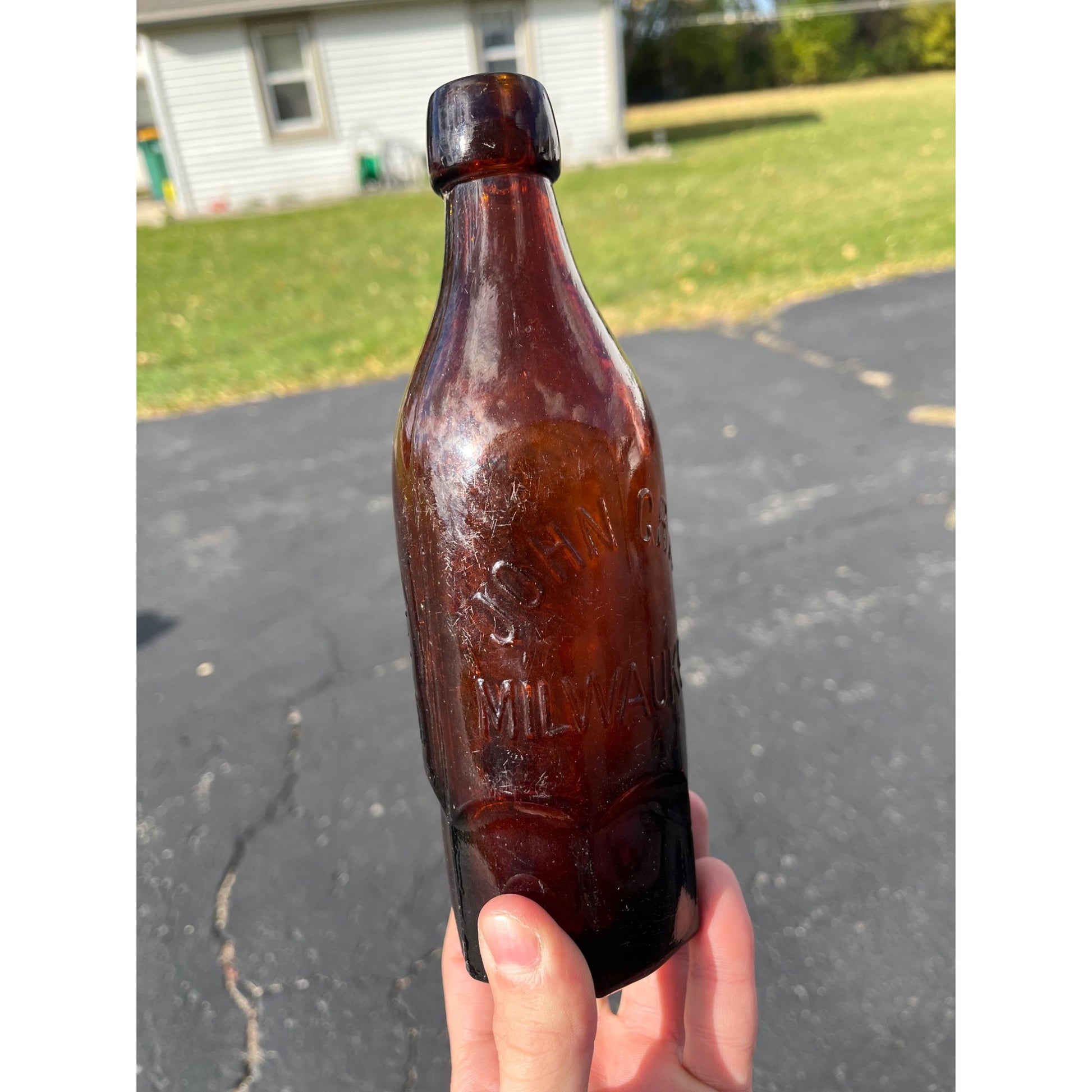 John Graf c1880s Milwaukee Wis Amber Brown Soda Bottle Blob Top Octagon Base