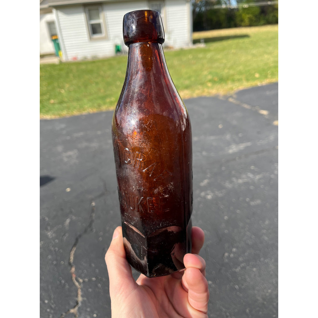 John Graf c1880s Milwaukee Wis Amber Brown Soda Bottle Blob Top Octagon Base