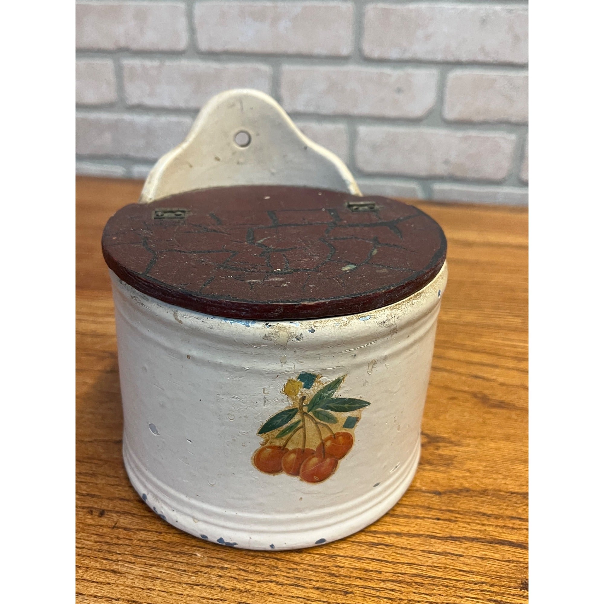 Antique Primitive Stoneware Lidded Salt Wall Hanging Storage Crock Bin Can Farmhouse Kitchen Decor Country