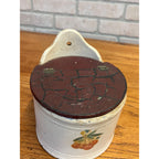 Antique Primitive Stoneware Lidded Salt Wall Hanging Storage Crock Bin Can Farmhouse Kitchen Decor Country