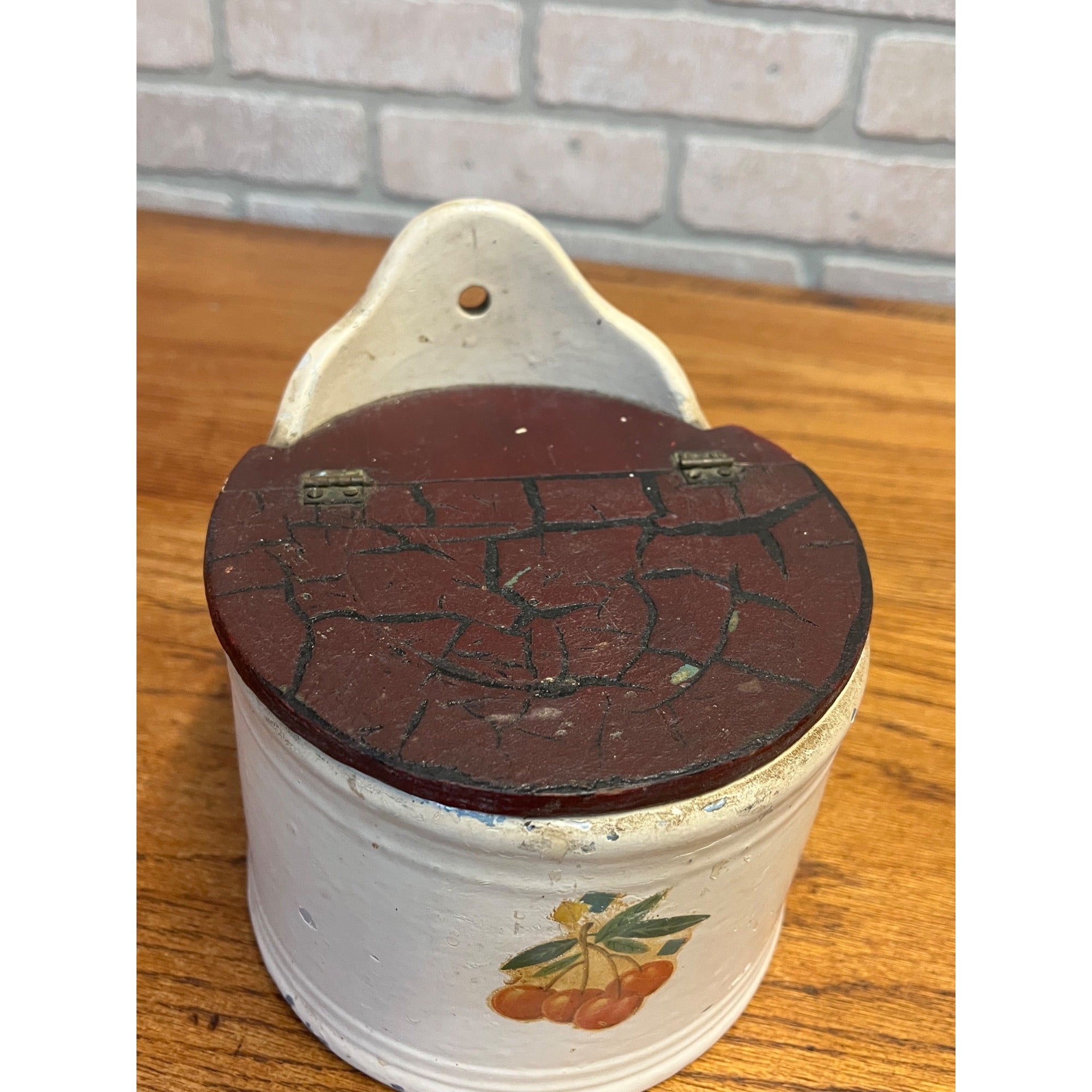 Antique Primitive Stoneware Lidded Salt Wall Hanging Storage Crock Bin Can Farmhouse Kitchen Decor Country