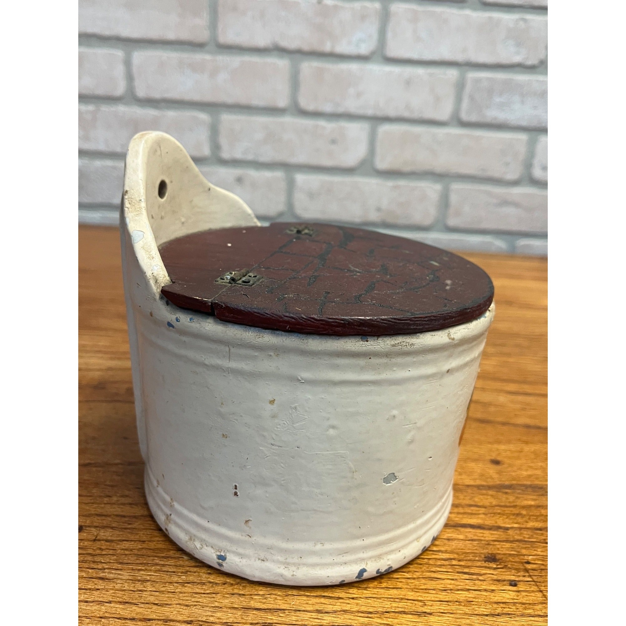 Antique Primitive Stoneware Lidded Salt Wall Hanging Storage Crock Bin Can Farmhouse Kitchen Decor Country