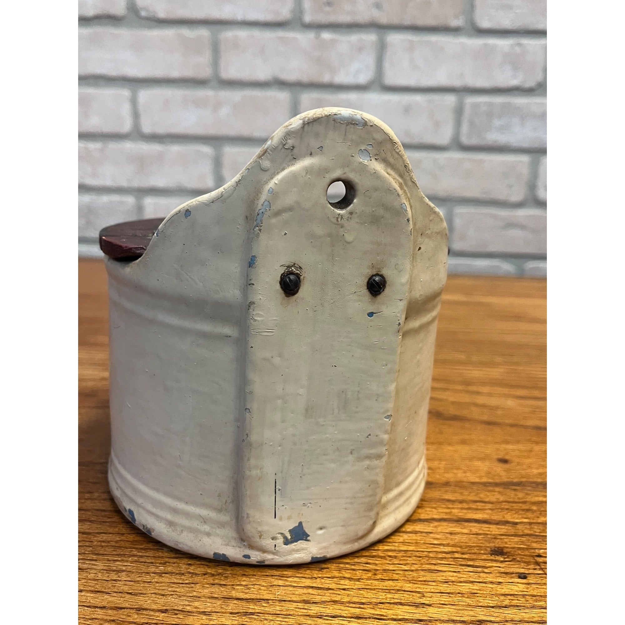 Antique Primitive Stoneware Lidded Salt Wall Hanging Storage Crock Bin Can Farmhouse Kitchen Decor Country