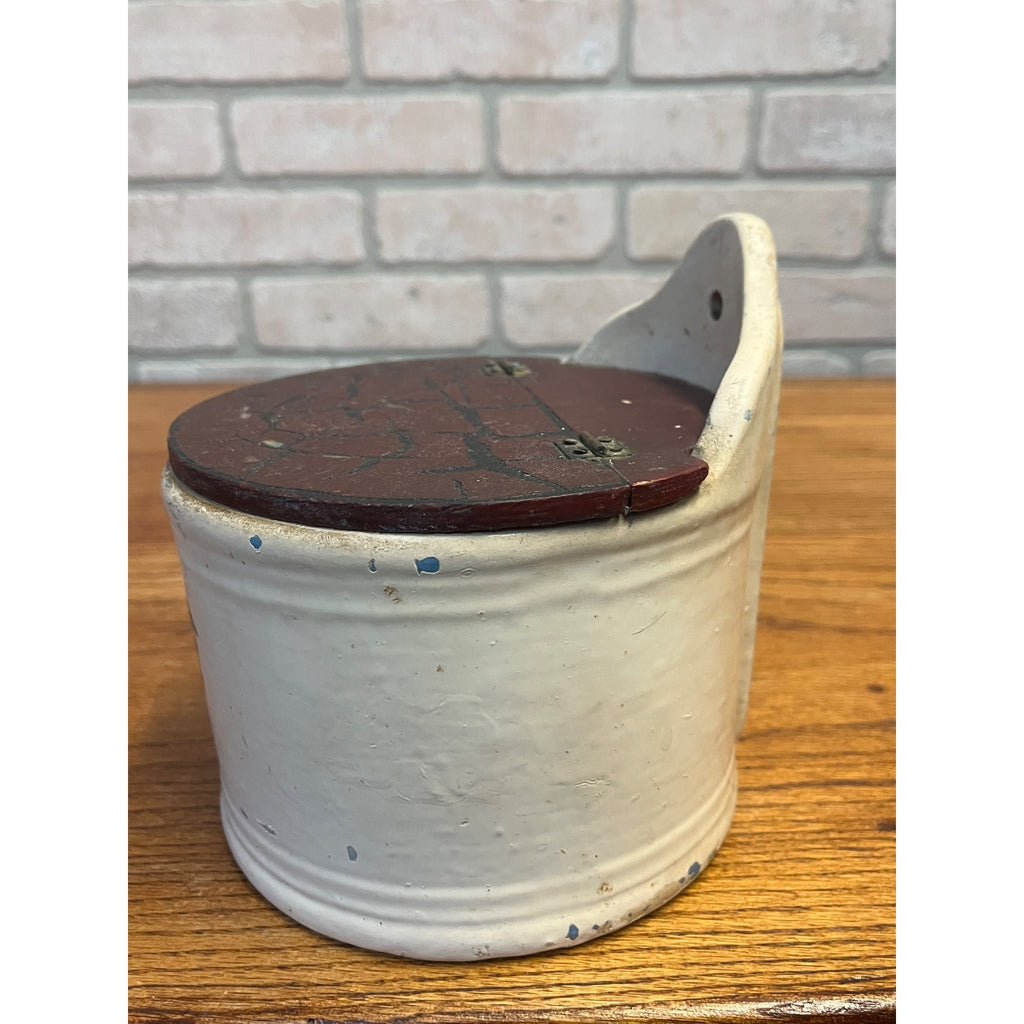 Antique Primitive Stoneware Lidded Salt Wall Hanging Storage Crock Bin Can Farmhouse Kitchen Decor Country
