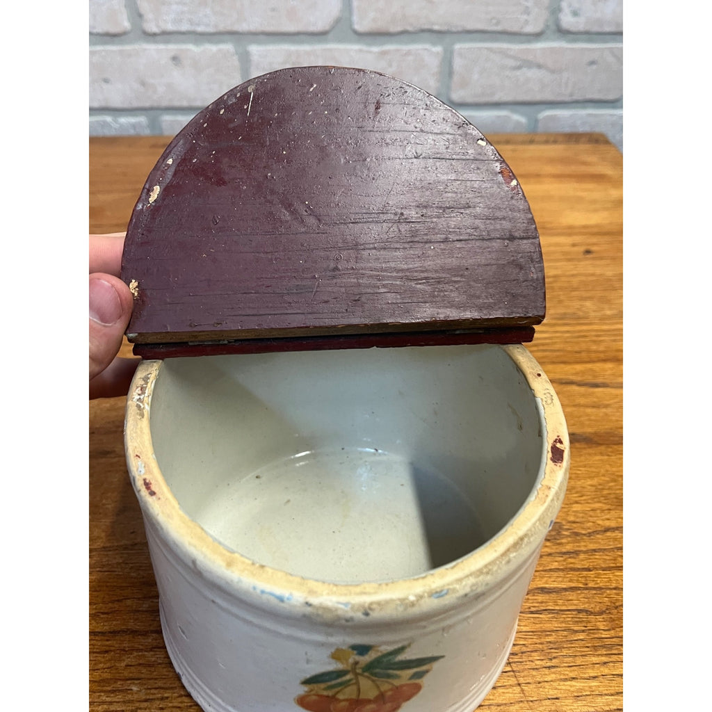 Antique Primitive Stoneware Lidded Salt Wall Hanging Storage Crock Bin Can Farmhouse Kitchen Decor Country