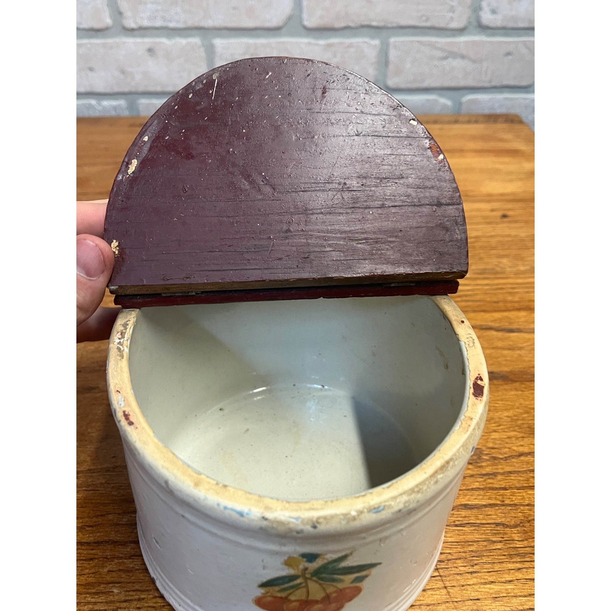 Antique Primitive Stoneware Lidded Salt Wall Hanging Storage Crock Bin Can Farmhouse Kitchen Decor Country