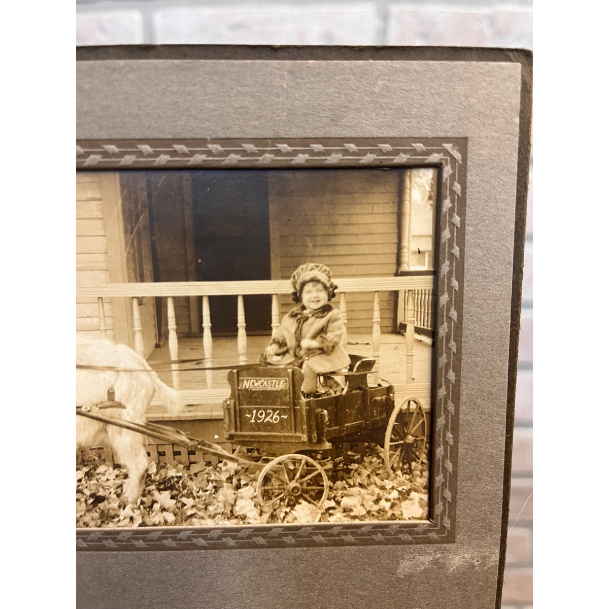 Antique Newcastle Ohio Cute Boy Riding Goat Cart Wagon Real Photo Photograph