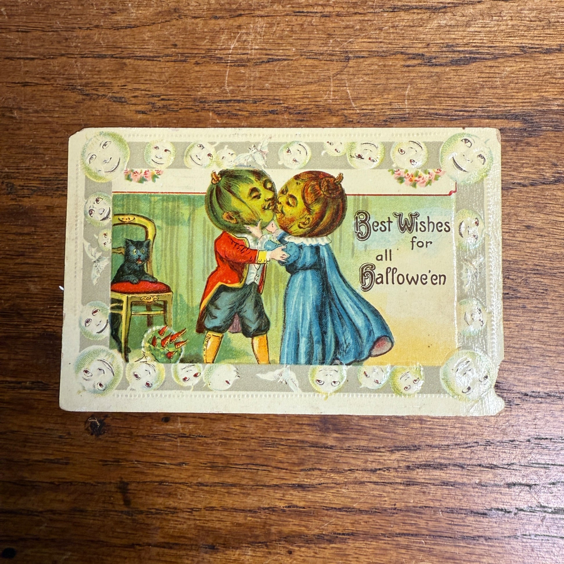 Halloween Pumpkin People Kissing Ghost Heads Border Embossed #1028 Postcard