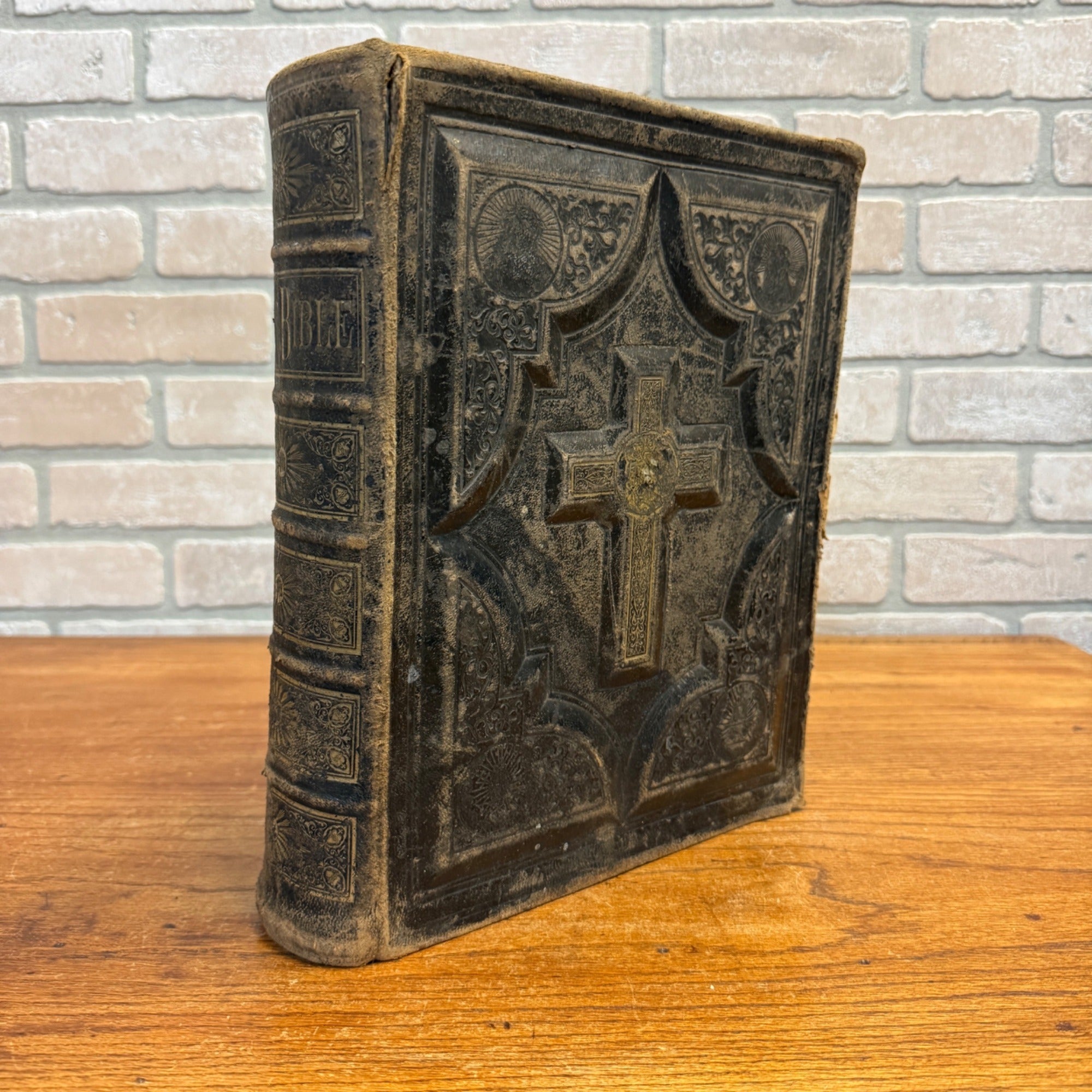 Antique 1870s Large Ornate Catholic Bible Old New Testament w/Ancestral Records