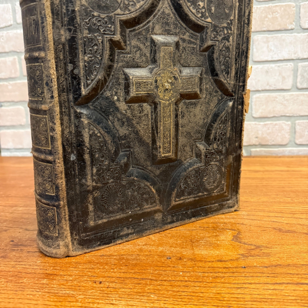 Antique 1870s Large Ornate Catholic Bible Old New Testament w/Ancestral Records
