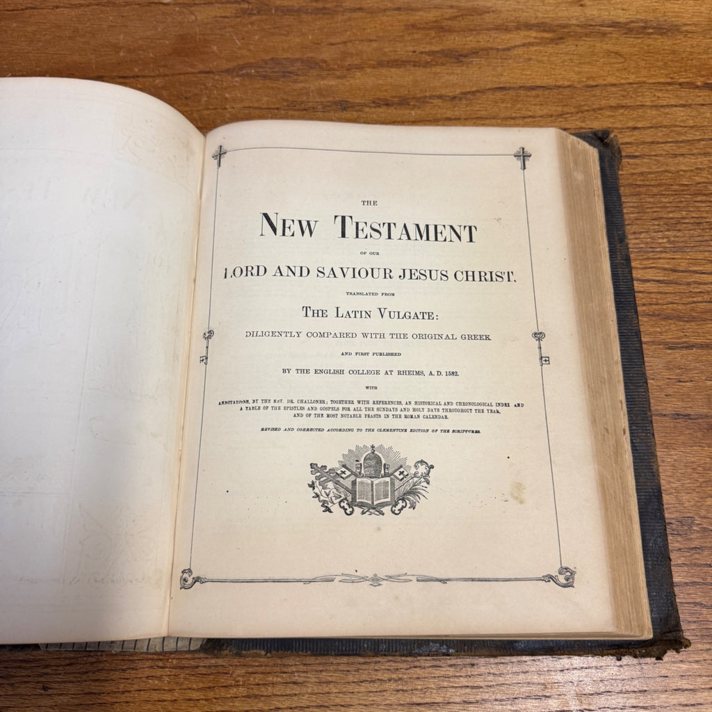 Antique 1870s Large Ornate Catholic Bible Old New Testament w/Ancestral Records