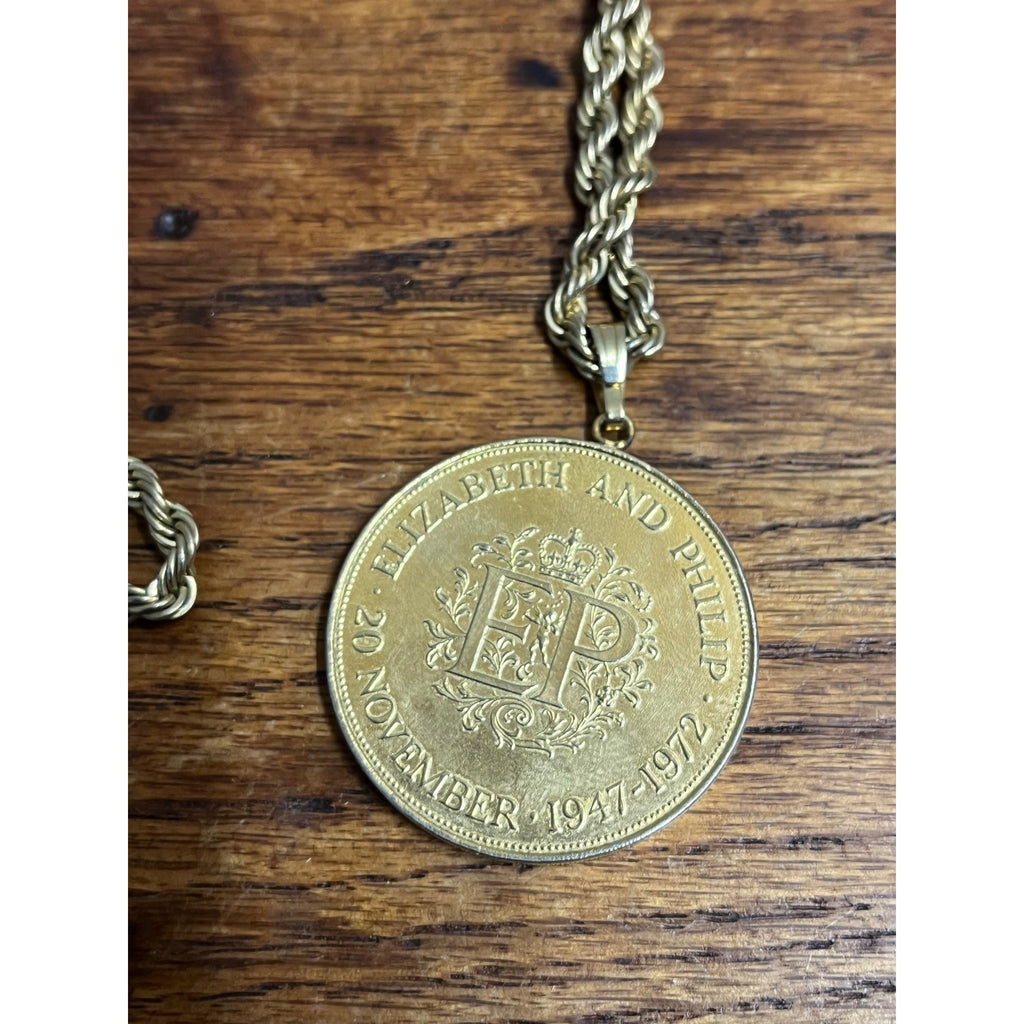 Vintage Great Britain Elizabeth And Phillip Wedding Crown Medallion Pendant 1972