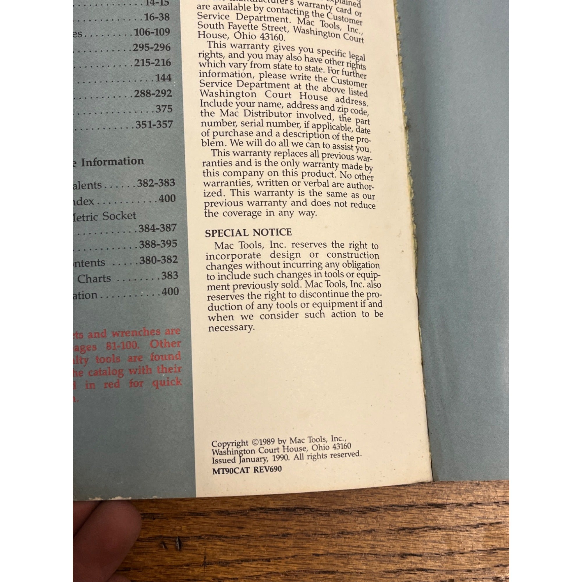 Vintage 1989 1990 Mac Tools Catalog Manual Reference Guide Book Dealer Garage