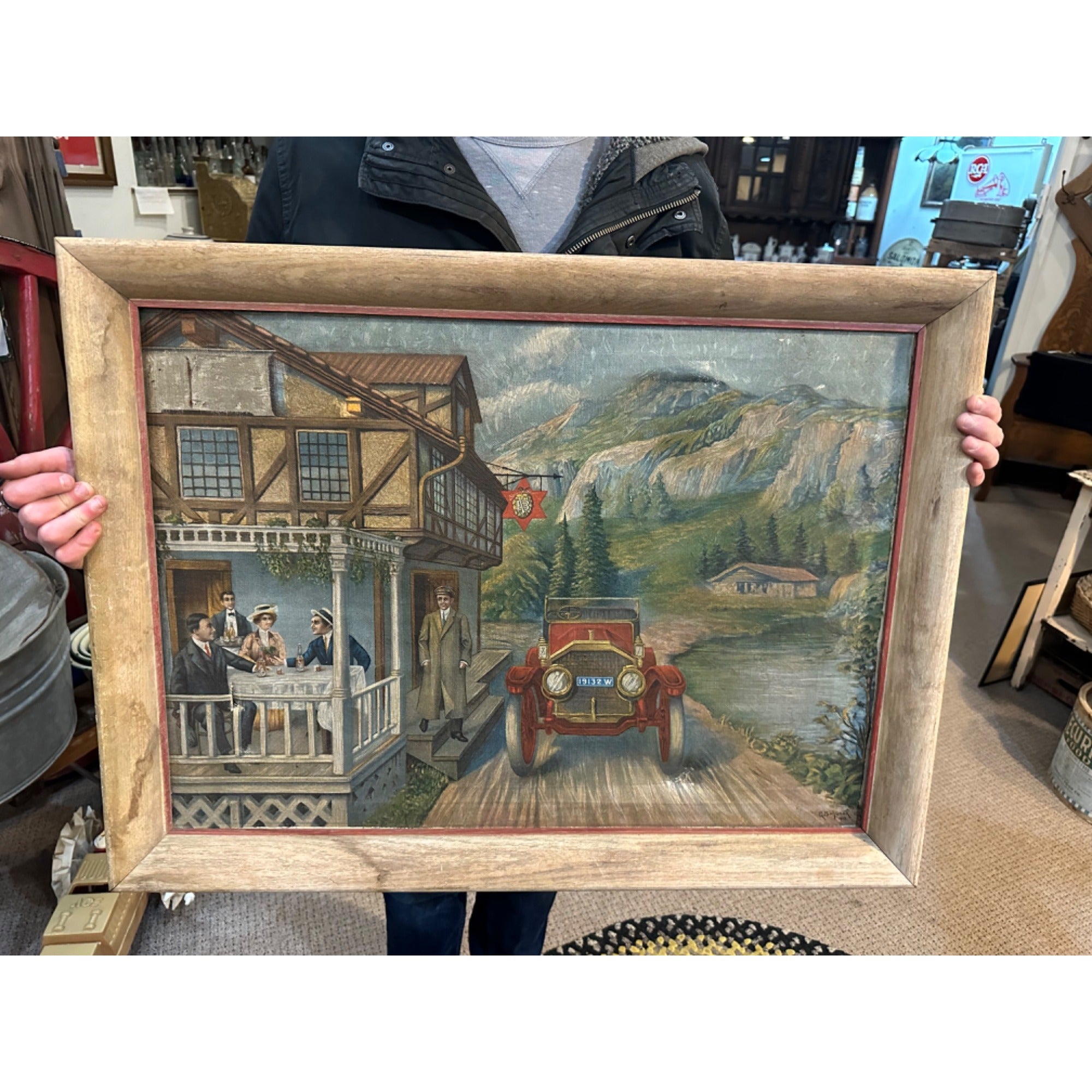 Vintage Pre-Prohibition 1913 Val. Blatz Beer Touring Car Framed Painting Sign