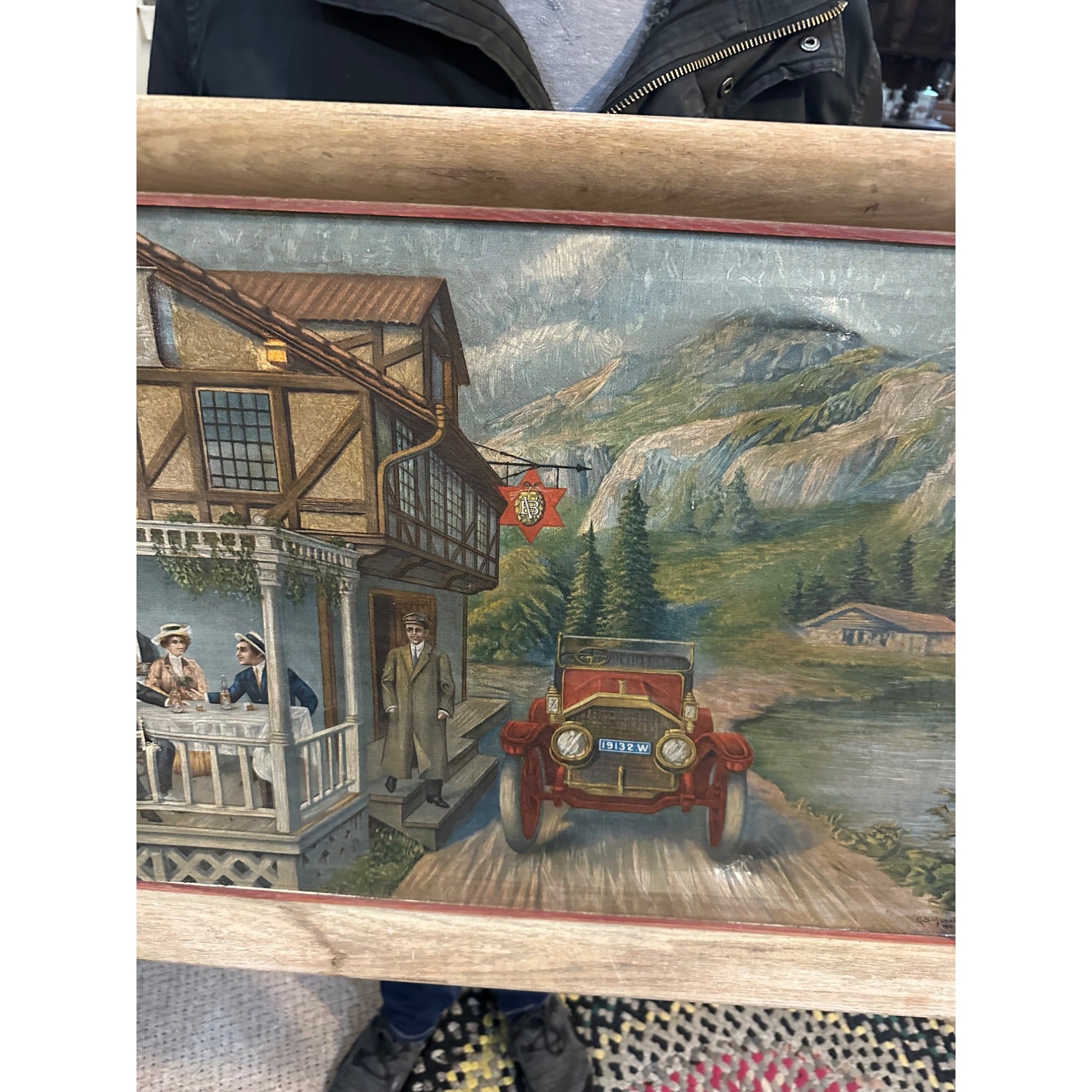 Vintage Pre-Prohibition 1913 Val. Blatz Beer Touring Car Framed Painting Sign