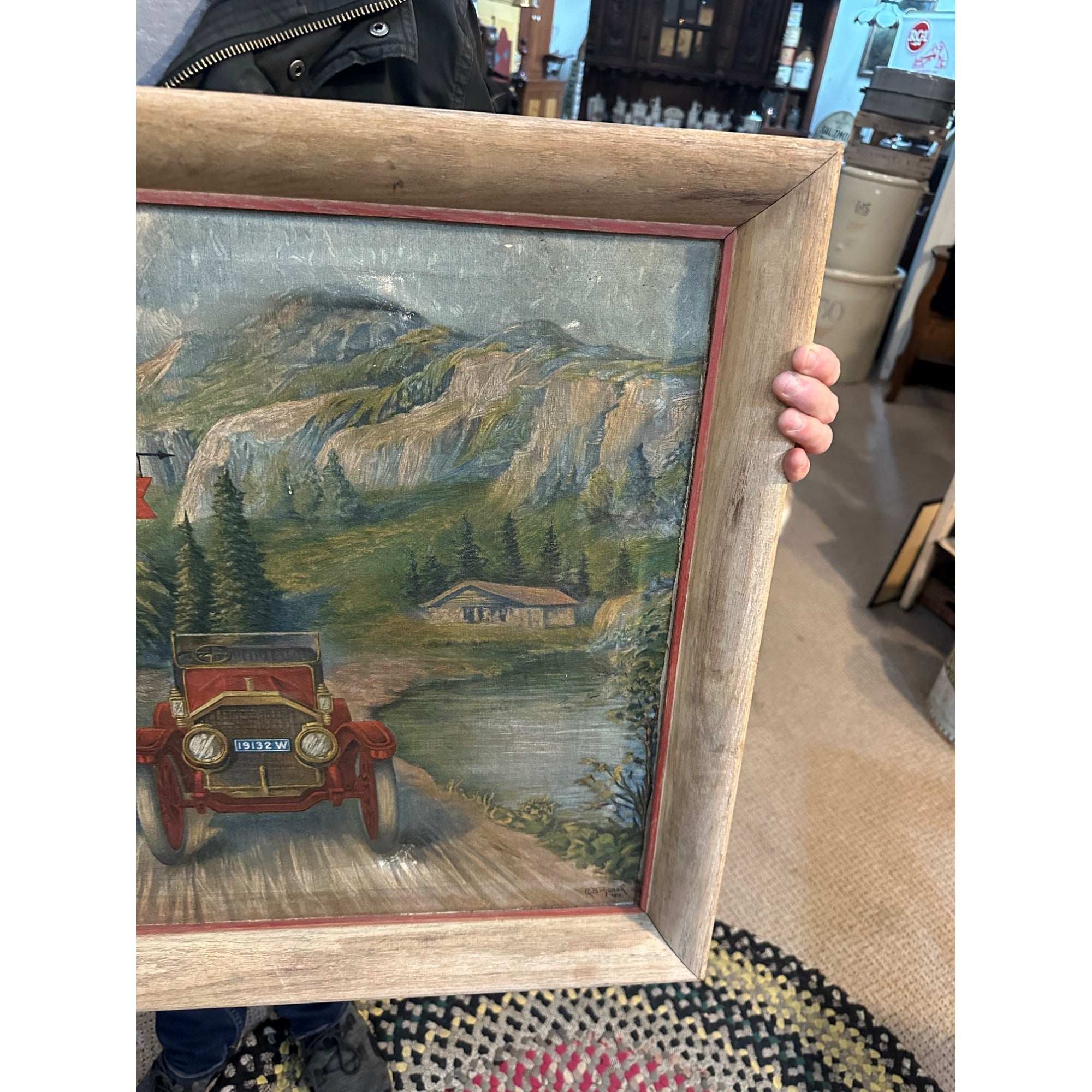 Vintage Pre-Prohibition 1913 Val. Blatz Beer Touring Car Framed Painting Sign