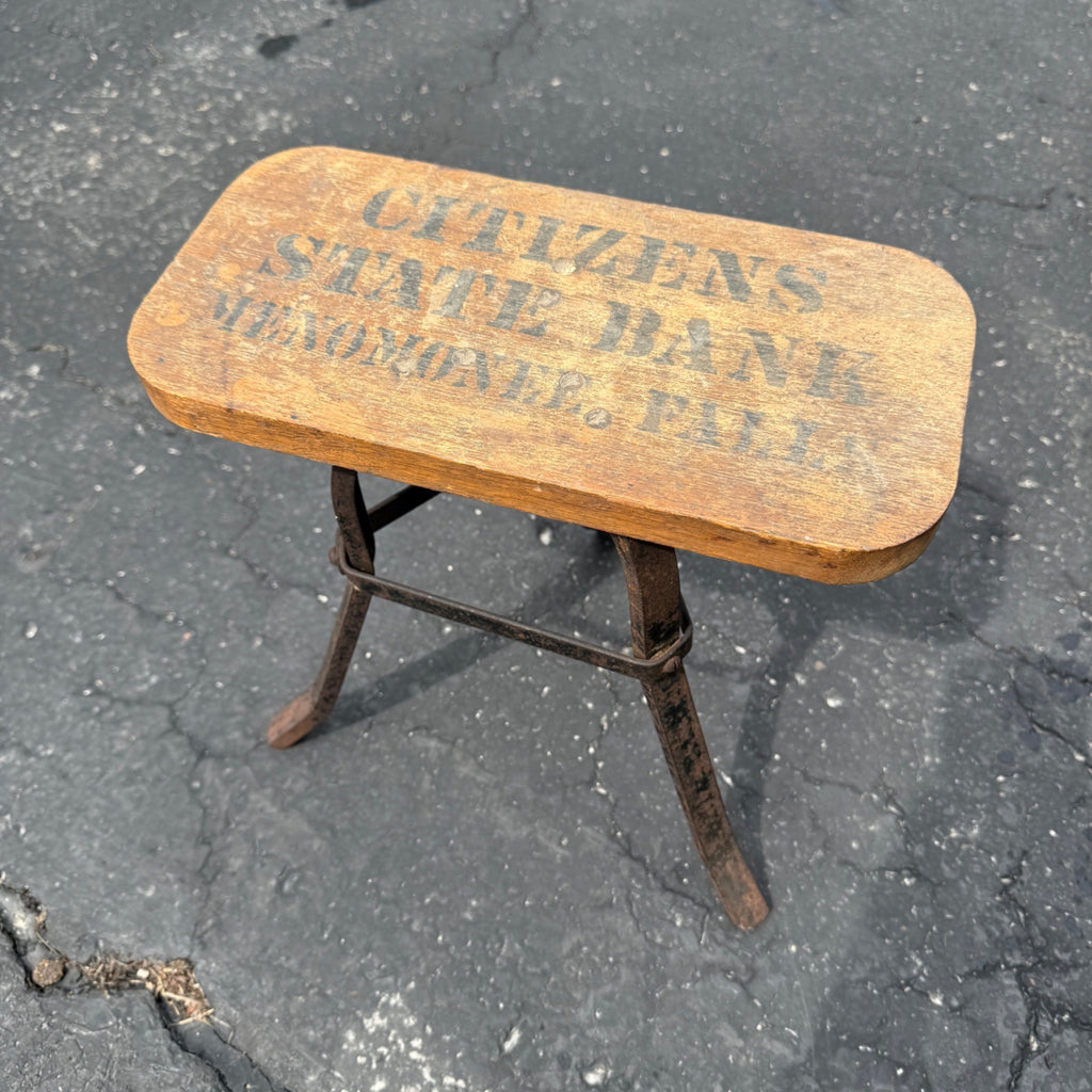Antique Primitive Citizens Bank Menomonee Falls Wisconsin Advertising Wood Stool