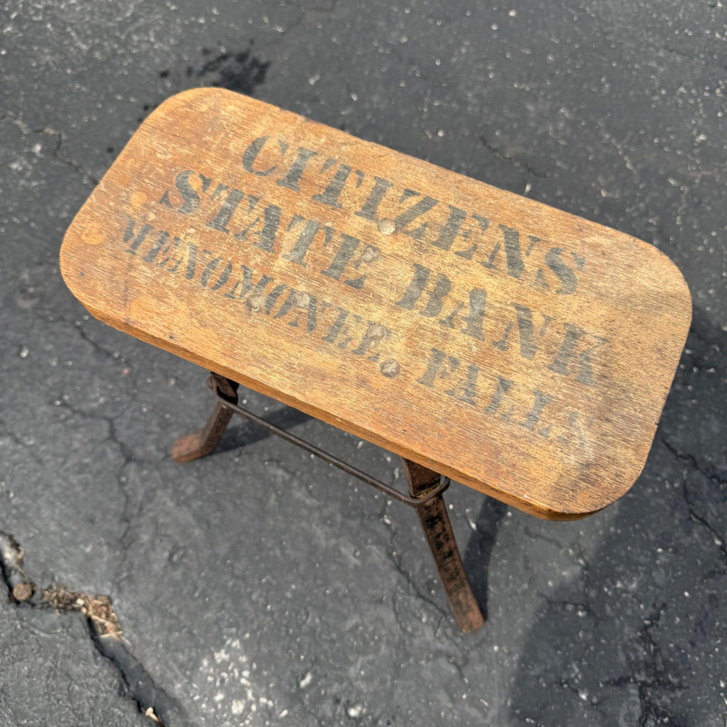 Antique Primitive Citizens Bank Menomonee Falls Wisconsin Advertising Wood Stool
