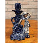 Antique German Bisque Porcelain Figural Candlestick Lady Cobalt Blue Gold c1900