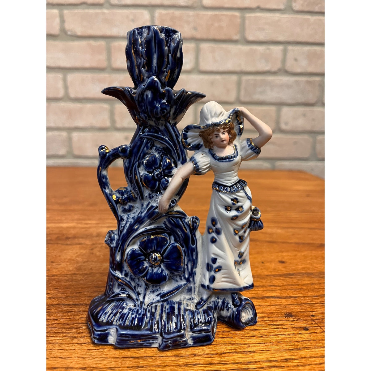 Antique German Bisque Porcelain Figural Candlestick Lady Cobalt Blue Gold c1900