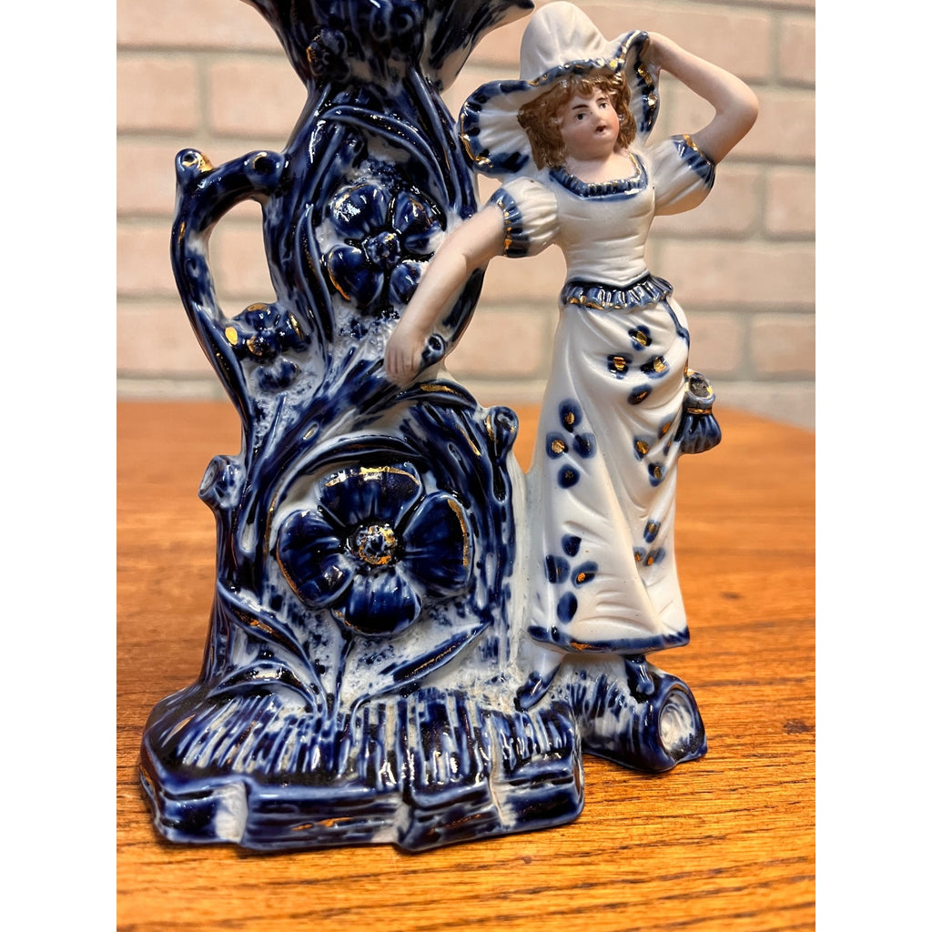 Antique German Bisque Porcelain Figural Candlestick Lady Cobalt Blue Gold c1900