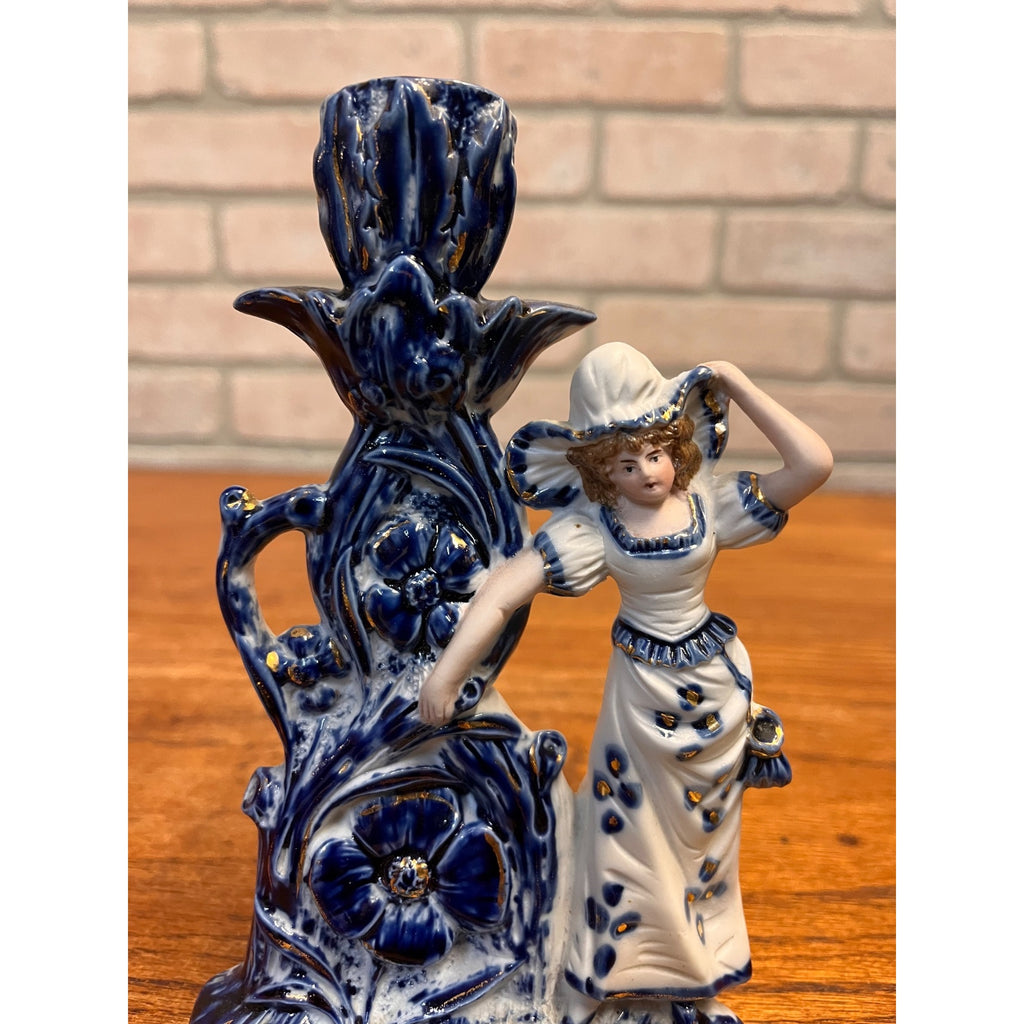 Antique German Bisque Porcelain Figural Candlestick Lady Cobalt Blue Gold c1900