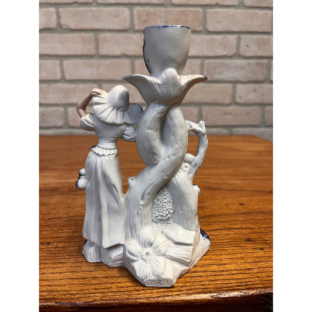Antique German Bisque Porcelain Figural Candlestick Lady Cobalt Blue Gold c1900