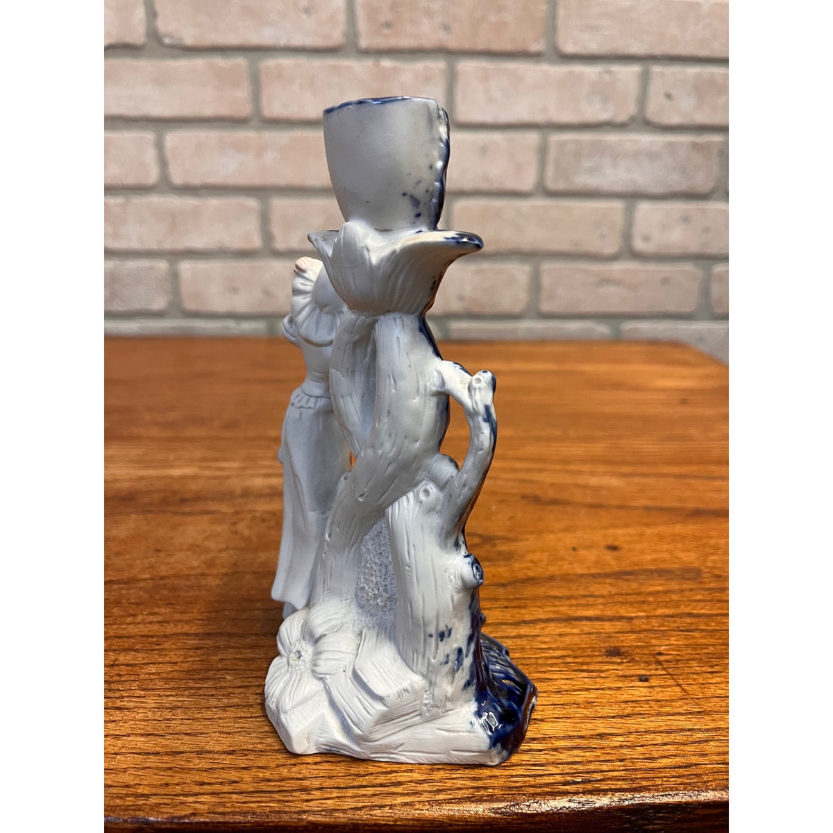 Antique German Bisque Porcelain Figural Candlestick Lady Cobalt Blue Gold c1900