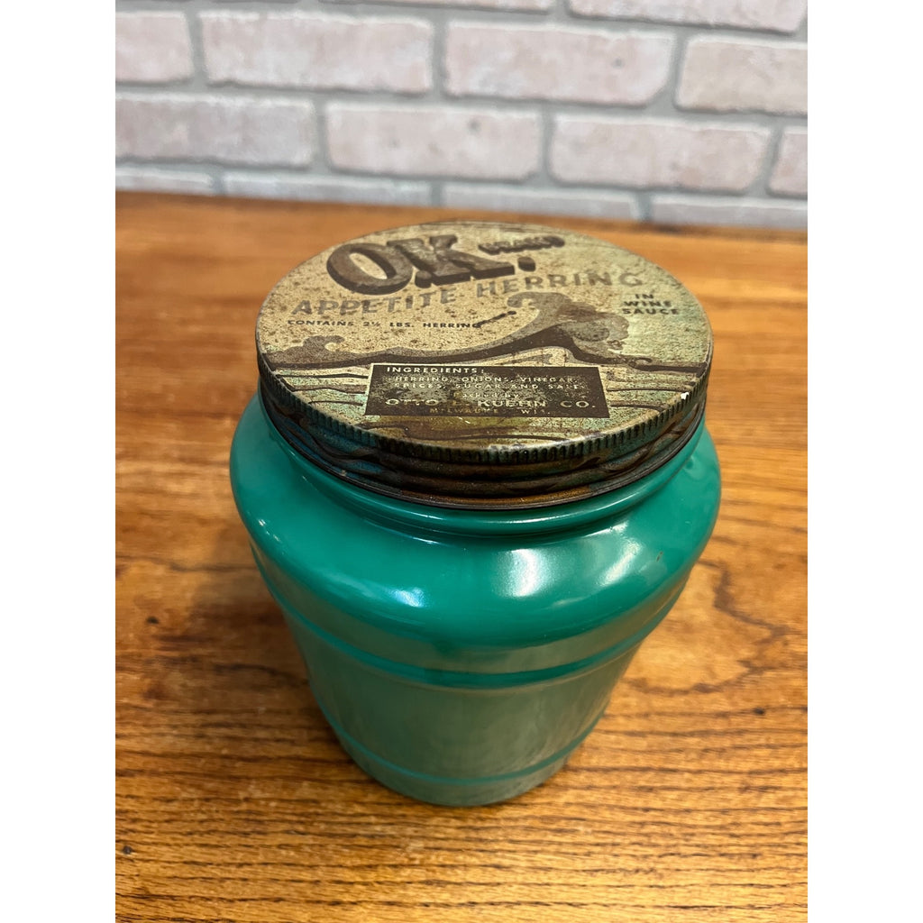 Vintage Kuehn Herring OK Milwaukee Wisconsin Advertising Green Glass Jar w/Lid