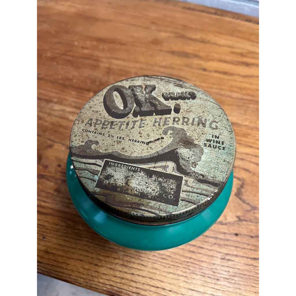Vintage Kuehn Herring OK Milwaukee Wisconsin Advertising Green Glass Jar w/Lid