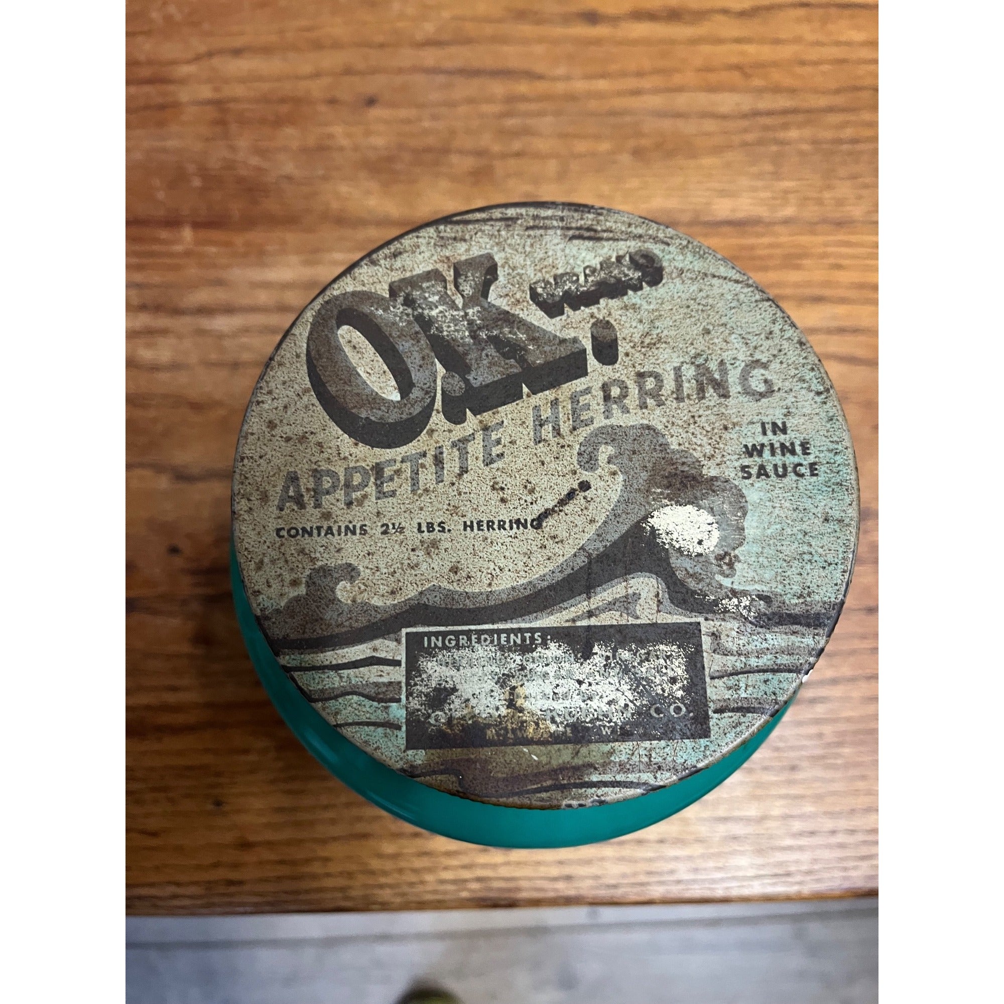 Vintage Kuehn Herring OK Milwaukee Wisconsin Advertising Green Glass Jar w/Lid