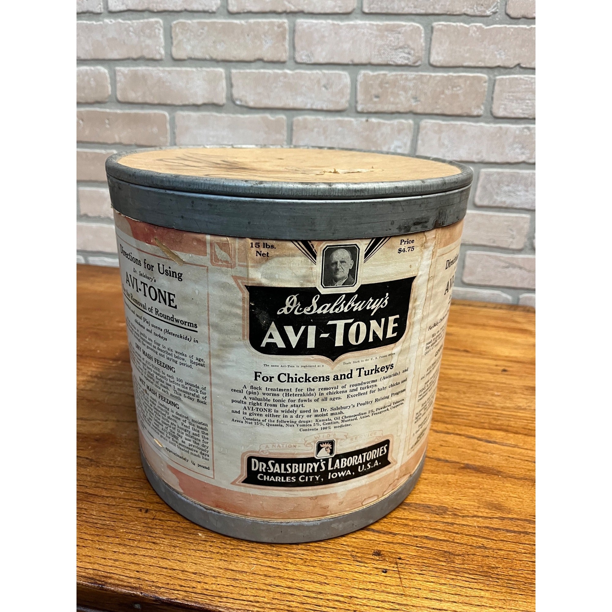 Vintage 1940s Dr. Salsbury's Avi-Tone Poultry Feed Treatment Advertising Can