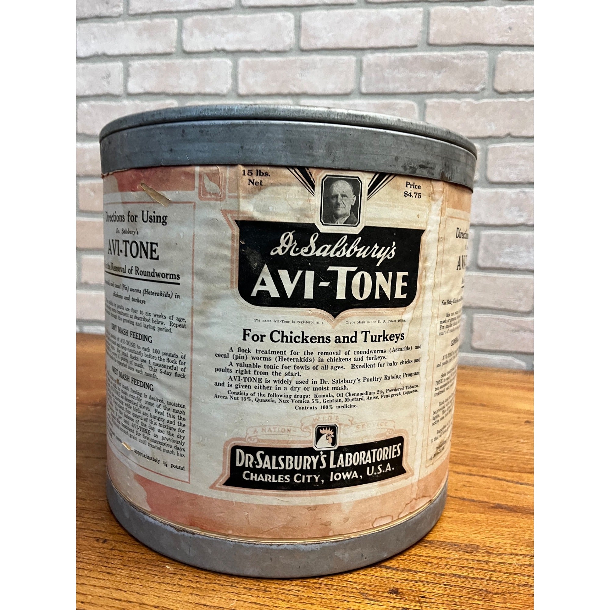 Vintage 1940s Dr. Salsbury's Avi-Tone Poultry Feed Treatment Advertising Can