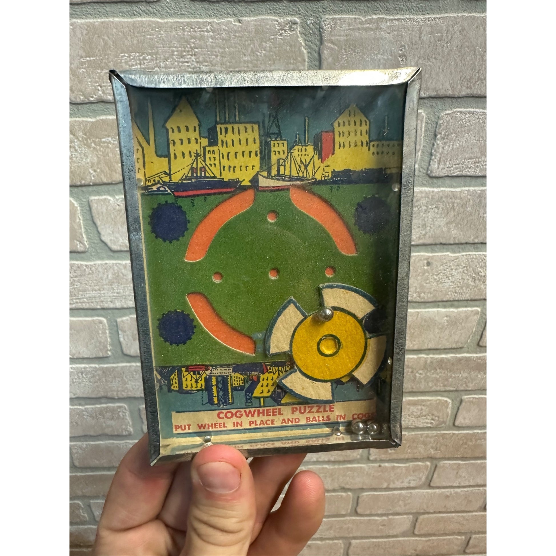 Vintage 1930s Cog Wheel & Ball Dexterity Game Puzzle Hand Held Tin